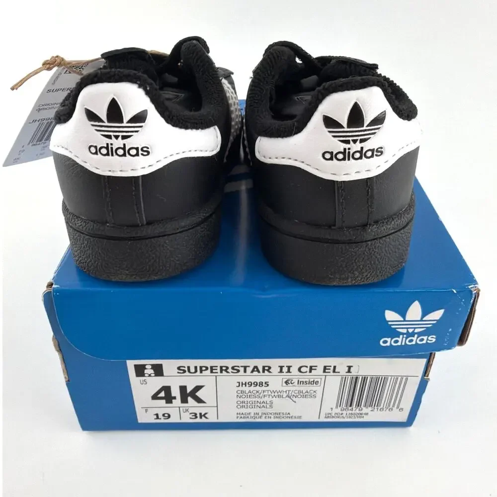Adidas Kids Core Black Cloud White Superstar II Elastic Lace Shoes Size 4K